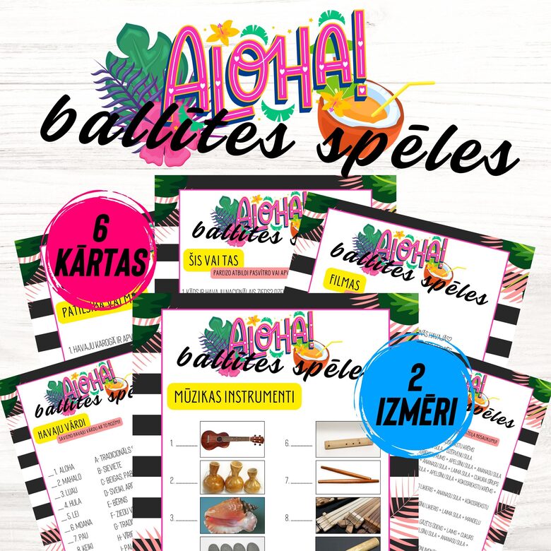 Aloha ballīšu spēle par Havajām tavai tropu ballītei, digitāls PDF fails